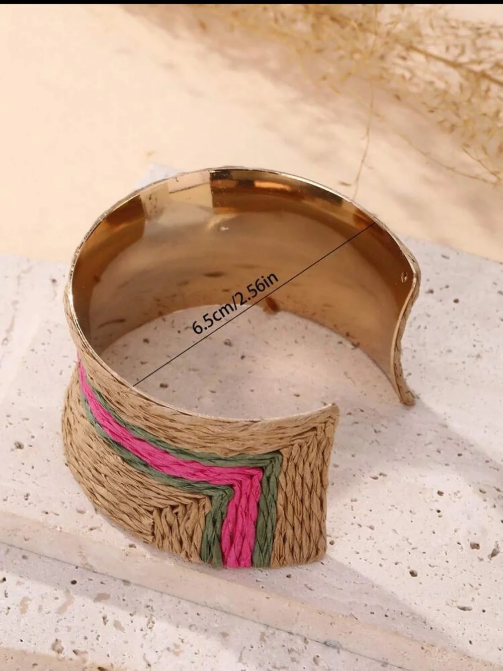 Handwoven Natural Fiber Cuff Bracelet with Pink & Green Accents